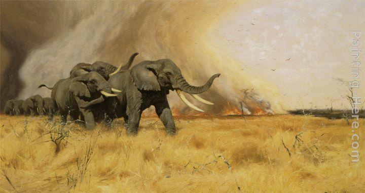 Wilhelm Kuhnert Elephants Moving Before a Veldt Fire